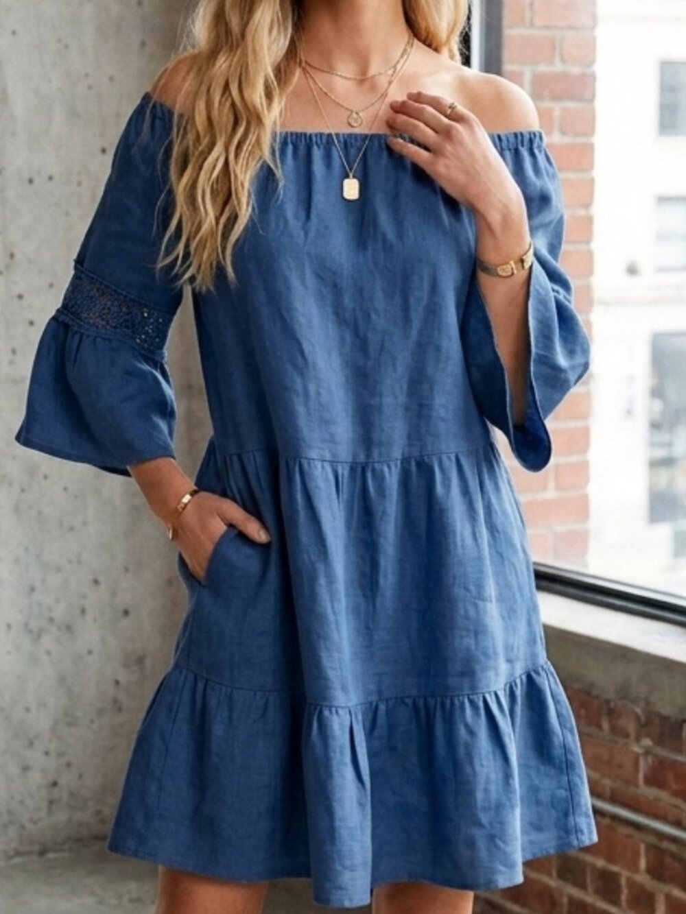 100% Linen Italian Tiered Blue Dress